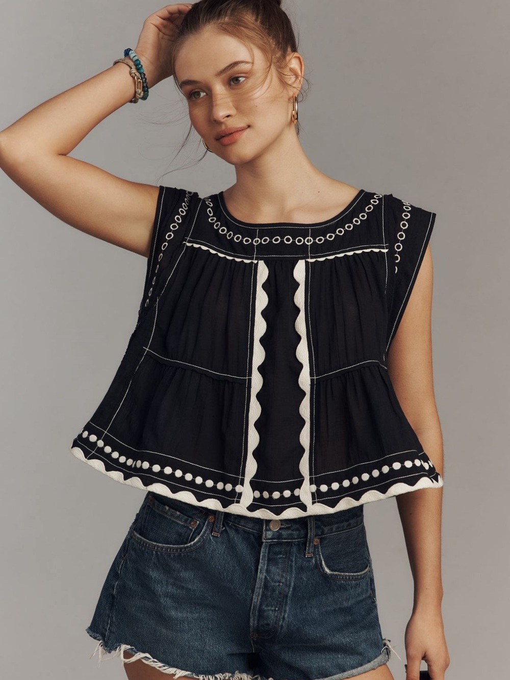 By Anthropologie Embellished Babydoll Graphic Tee